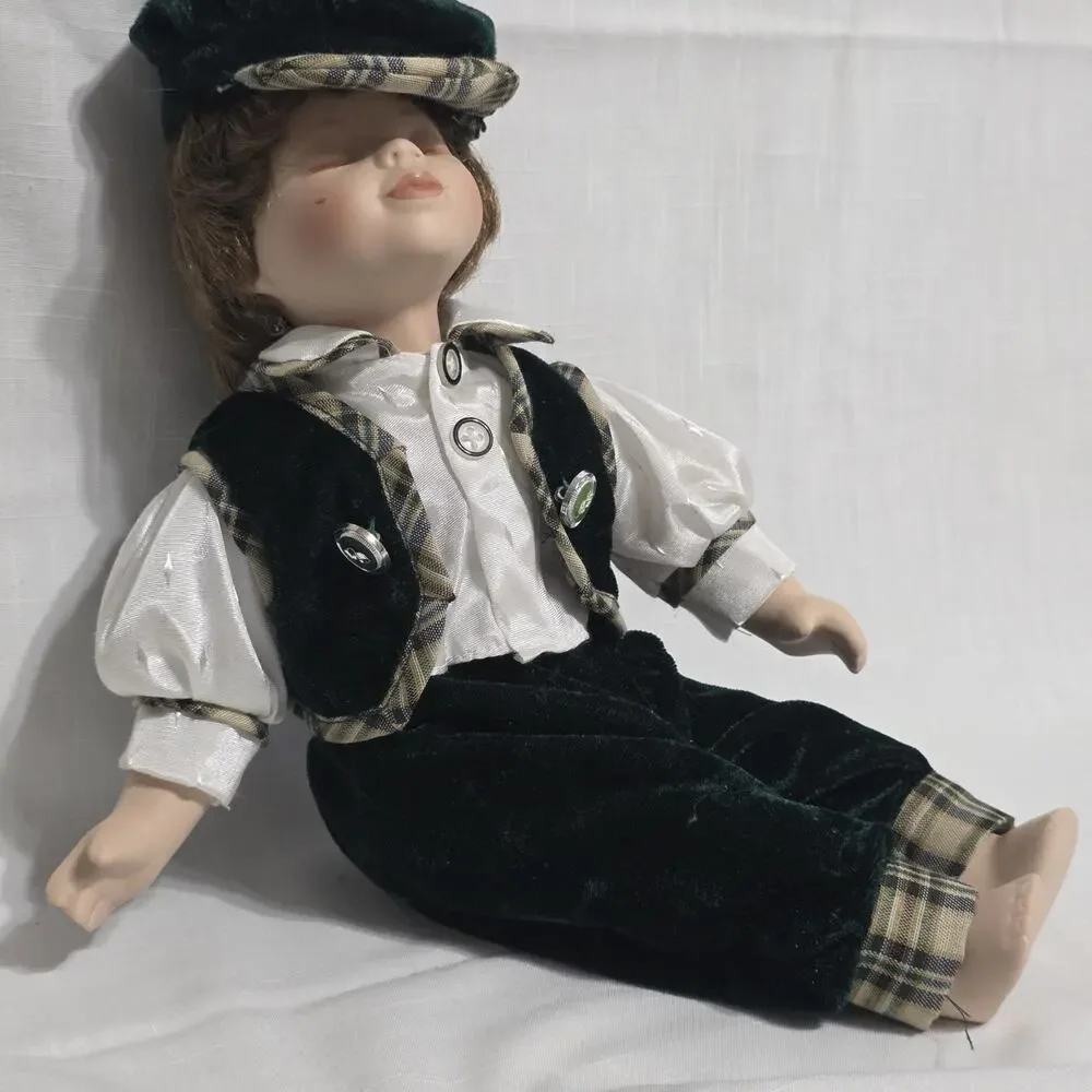 Vintage Collectible Porcelain Twin Dolls in Plaid and Blue Velvet Outfits